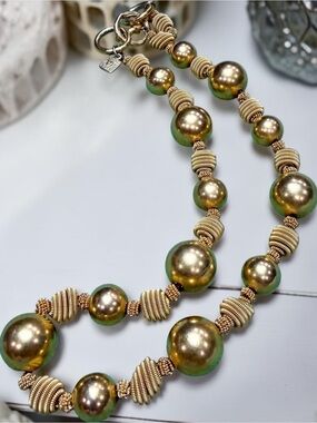 Signed Anne Klein Vintage Gold Tone Textured Coil Spacers Bead Station Necklace